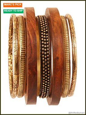 Handcrafted Brass Wood Bangle Bracelets Set of 7 X Large Indian Bollywood